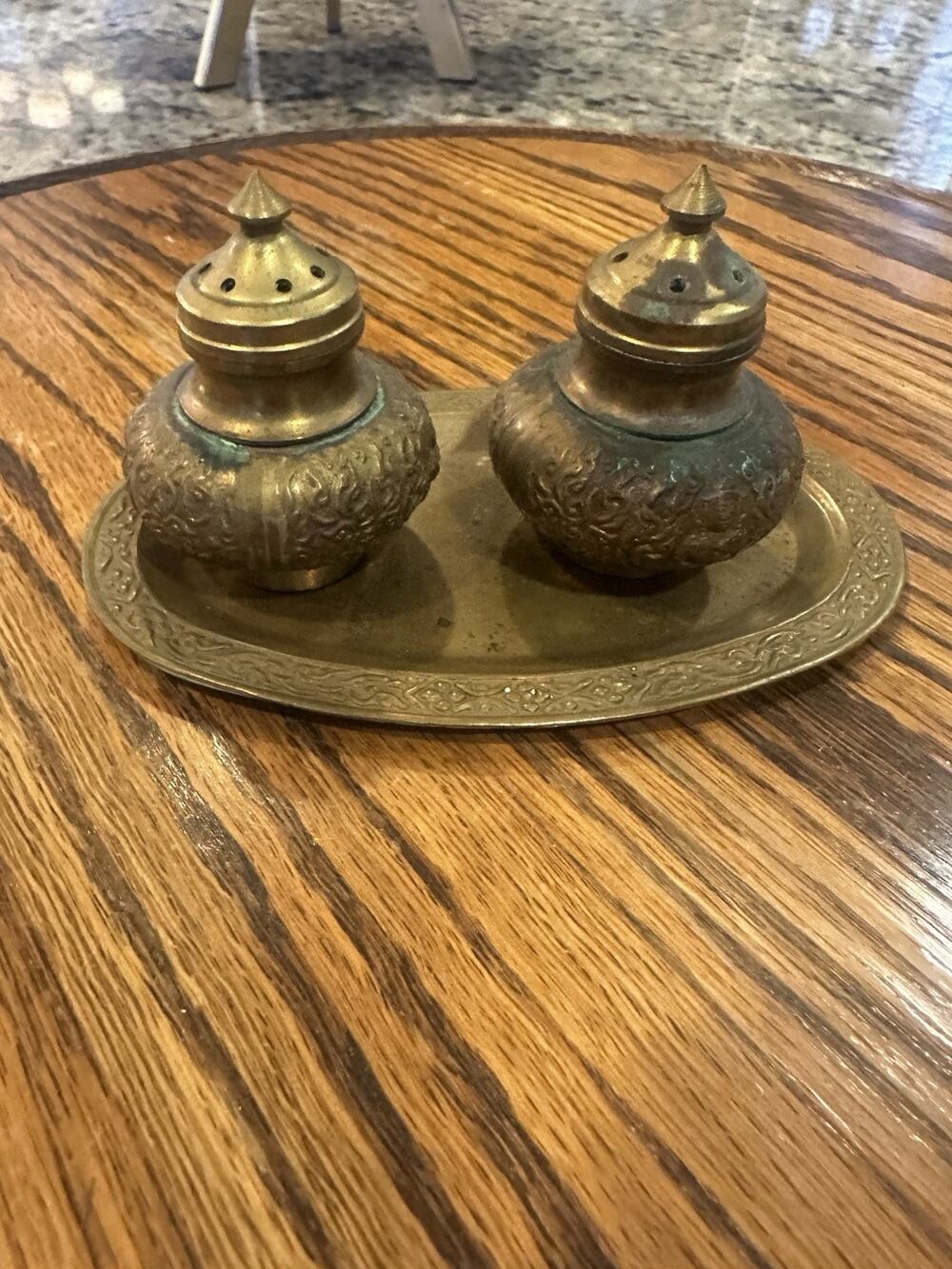 Vintage Brass Thailand Salt and Pepper Shakers With Saucer Plate